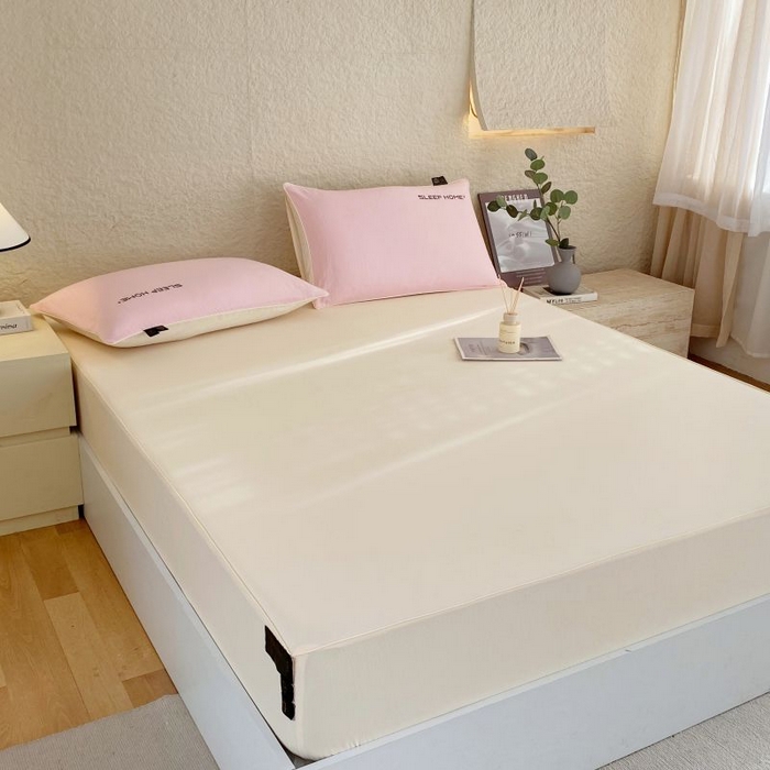 91家纺网 家纺一手货源 找家纺 恋之语 2025新款纯色亲肤舒适麻绳款床笠 米黄粉