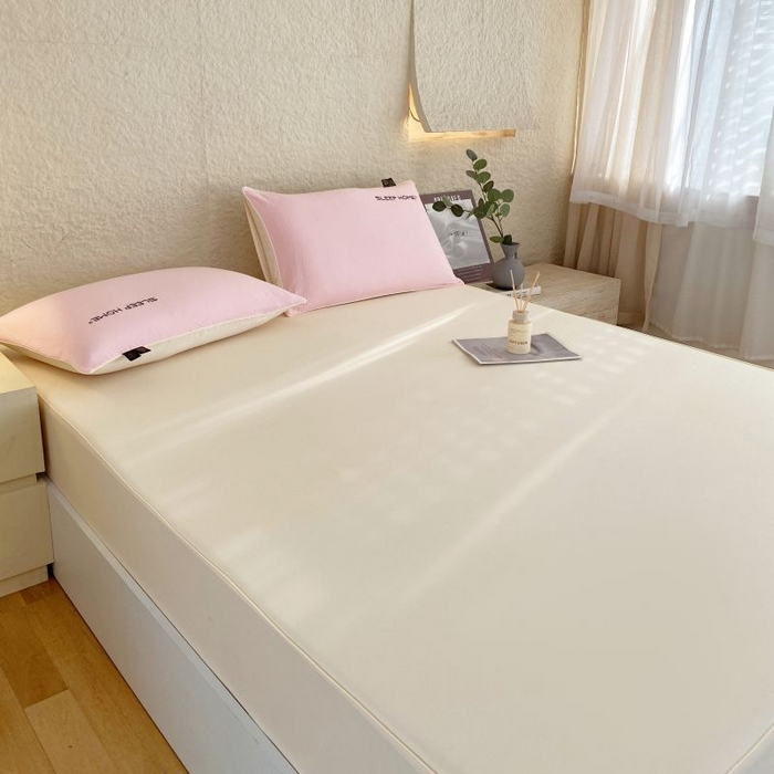 91家纺网 家纺一手货源 找家纺 恋之语 2025新款纯色亲肤舒适麻绳款床笠 米黄粉