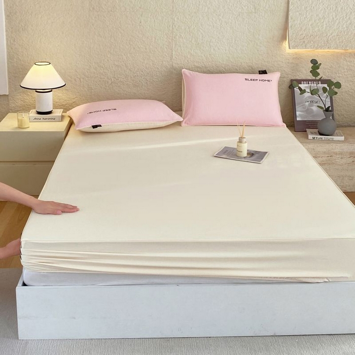 91家纺网 家纺一手货源 找家纺 恋之语 2025新款纯色亲肤舒适麻绳款床笠 米黄粉