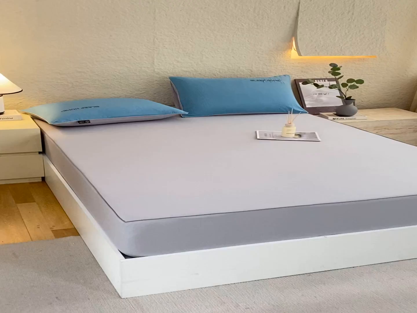 91家纺网 家纺一手货源 找家纺 恋之语 2025新款纯色亲肤舒适麻绳款床笠 浅灰-蓝