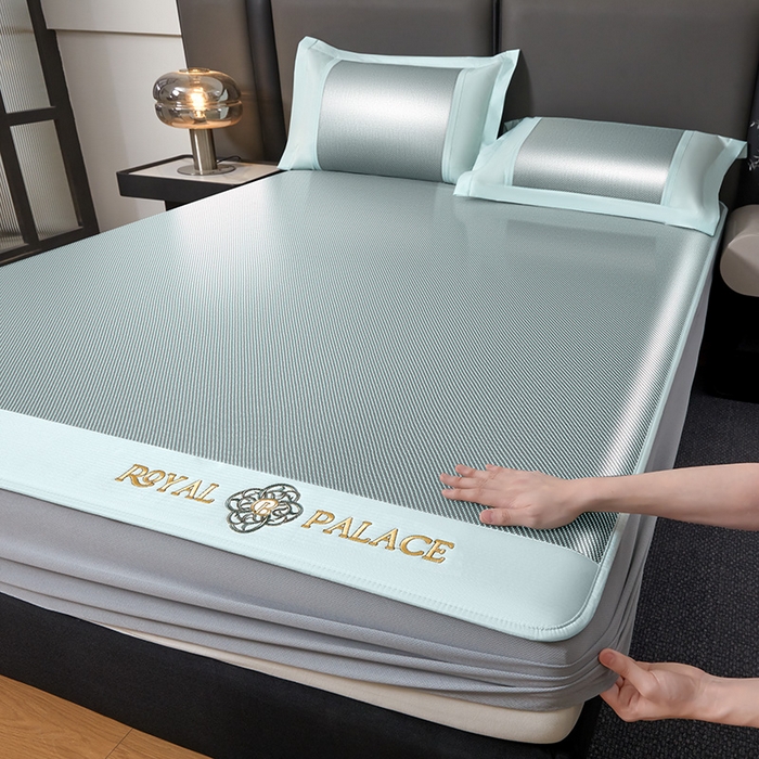 91家纺网 家纺一手货源 找家纺 全季家居 2025新款A类抗菌防螨幸运星系列冰藤席凉席席子 水绿 床笠