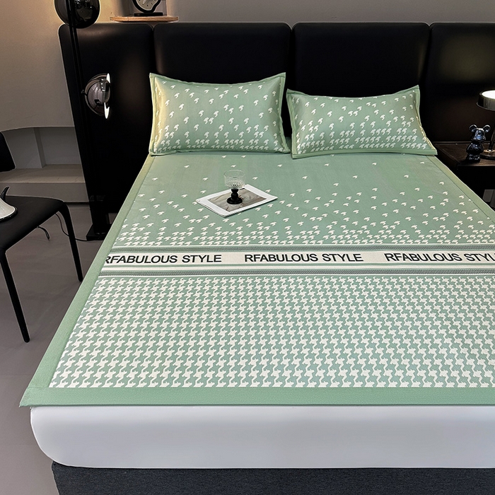 91家纺网 家纺一手货源 找家纺 全季家居 2025新款A类轻奢系列数码印花冰藤席凉席席子 千鸟格-水绿 床席