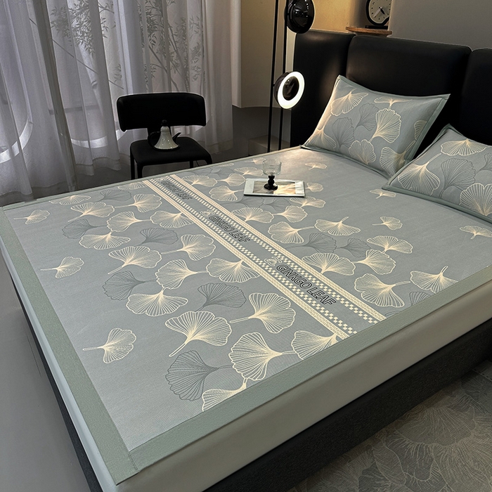 91家纺网 家纺一手货源 找家纺 全季家居 2025新款A类轻奢系列数码印花冰藤席凉席席子 杏叶语-灰金 床席