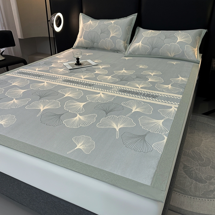 91家纺网 家纺一手货源 找家纺 全季家居 2025新款A类轻奢系列数码印花冰藤席凉席席子 杏叶语-灰金 床席