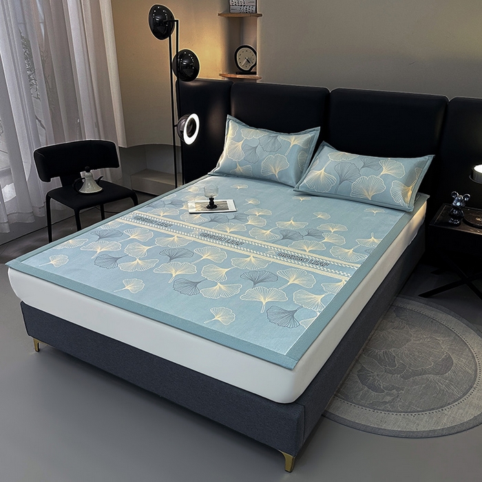 91家纺网 家纺一手货源 找家纺 全季家居 2025新款A类轻奢系列数码印花冰藤席凉席席子 杏叶语-天蓝 床席