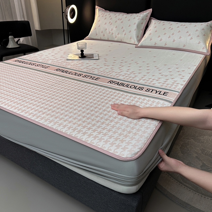 全季家居 2025新款A类轻奢系列数码印花冰藤席凉席席子 千鸟格-淡粉 床笠