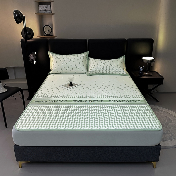 91家纺网 家纺一手货源 找家纺 全季家居 2025新款A类轻奢系列数码印花冰藤席凉席席子 千鸟格-浅绿 床笠