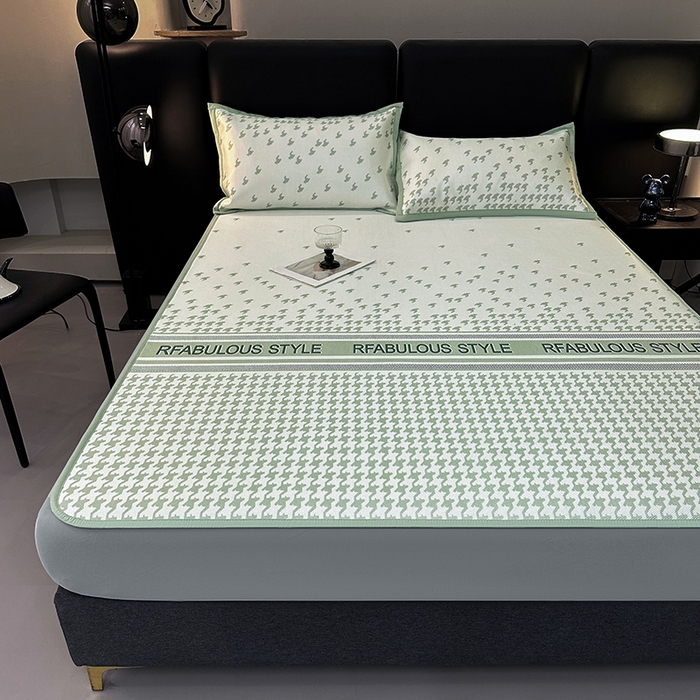 91家纺网 家纺一手货源 找家纺 全季家居 2025新款A类轻奢系列数码印花冰藤席凉席席子 千鸟格-浅绿 床笠