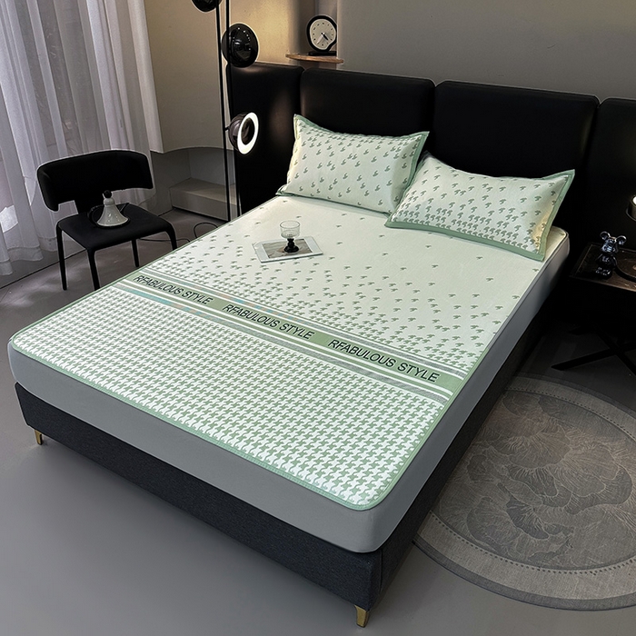 91家纺网 家纺一手货源 找家纺 全季家居 2025新款A类轻奢系列数码印花冰藤席凉席席子 千鸟格-浅绿 床笠