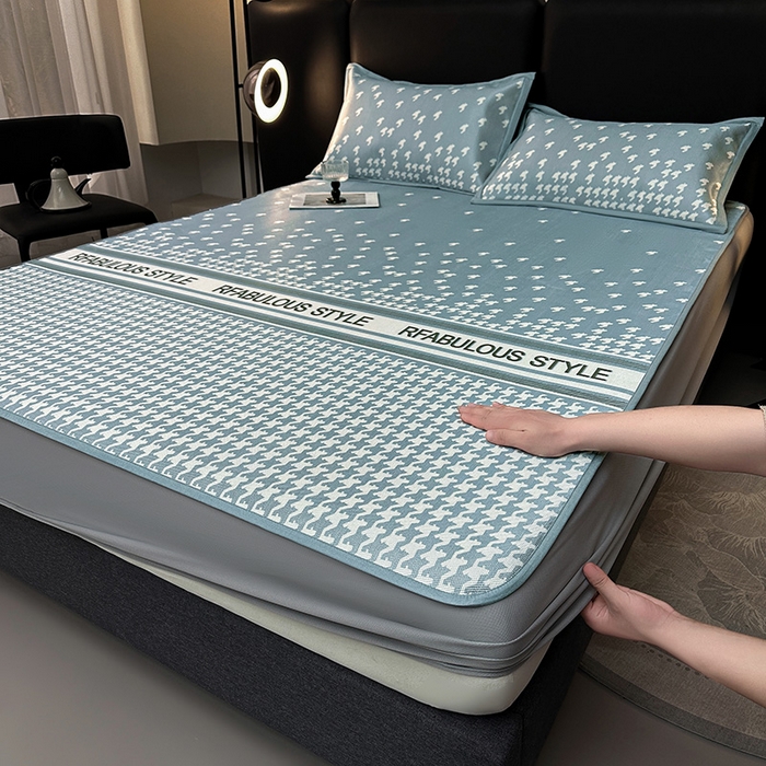 全季家居 2025新款A类轻奢系列数码印花冰藤席凉席席子 千鸟格-深蓝 床笠