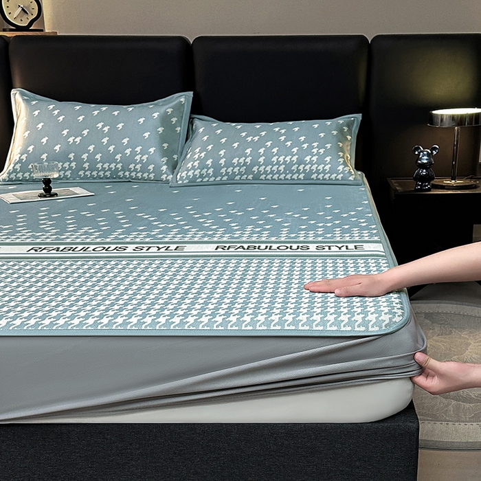 91家纺网 家纺一手货源 找家纺 全季家居 2025新款A类轻奢系列数码印花冰藤席凉席席子 千鸟格-深蓝 床笠