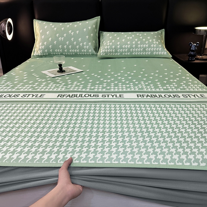 91家纺网 家纺一手货源 找家纺 全季家居 2025新款A类轻奢系列数码印花冰藤席凉席席子 千鸟格-水绿 床笠