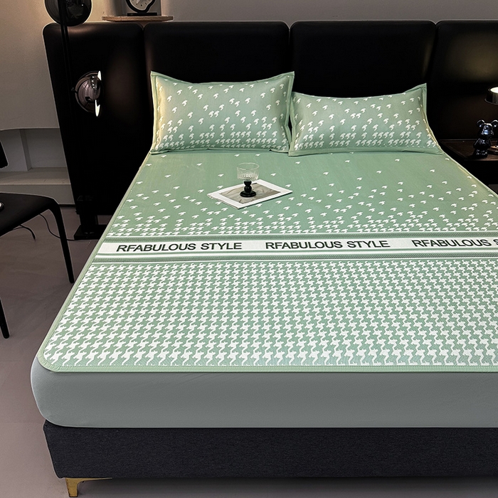 91家纺网 家纺一手货源 找家纺 全季家居 2025新款A类轻奢系列数码印花冰藤席凉席席子 千鸟格-水绿 床笠