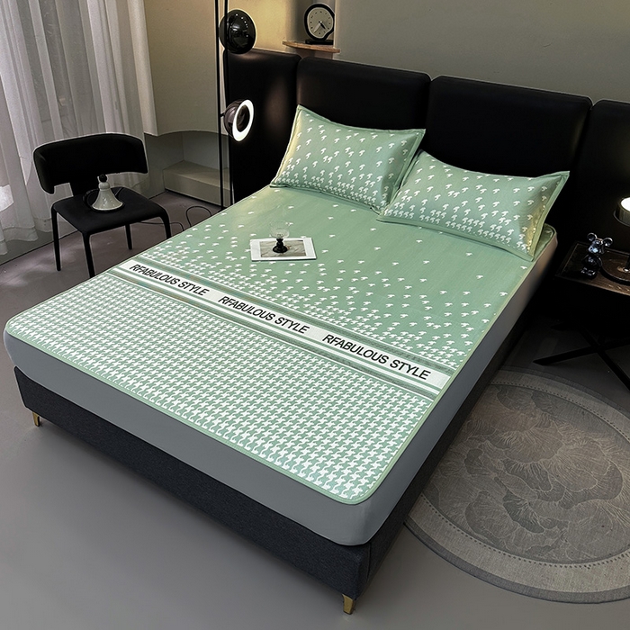 91家纺网 家纺一手货源 找家纺 全季家居 2025新款A类轻奢系列数码印花冰藤席凉席席子 千鸟格-水绿 床笠