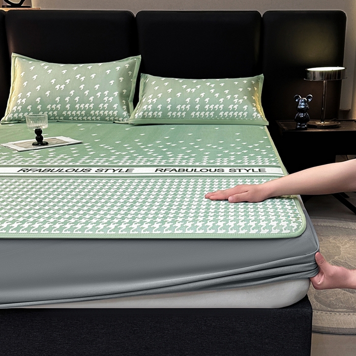 91家纺网 家纺一手货源 找家纺 全季家居 2025新款A类轻奢系列数码印花冰藤席凉席席子 千鸟格-水绿 床笠