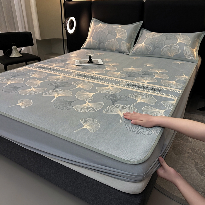 全季家居 2025新款A类轻奢系列数码印花冰藤席凉席席子 杏叶语-灰金 床笠