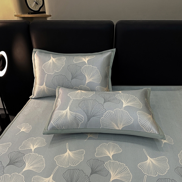 91家纺网 家纺一手货源 找家纺 全季家居 2025新款A类轻奢系列数码印花冰藤席凉席席子 杏叶语-灰金 床笠