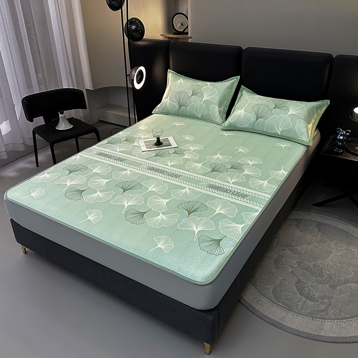 91家纺网 家纺一手货源 找家纺 全季家居 2025新款A类轻奢系列数码印花冰藤席凉席席子 杏叶语-水绿 床笠