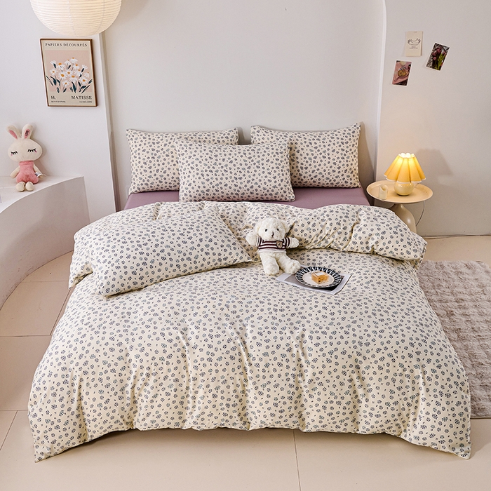 91家纺网 家纺一手货源 找家纺 爱诗诺家纺 2025新款有氧高克重针织棉双层纱四件套 蓝梦