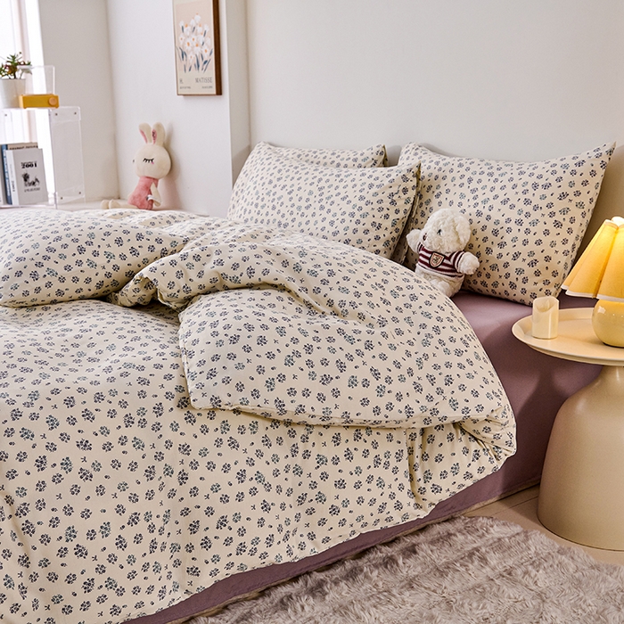 91家纺网 家纺一手货源 找家纺 爱诗诺家纺 2025新款有氧高克重针织棉双层纱四件套 蓝梦