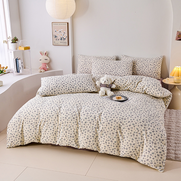 91家纺网 家纺一手货源 找家纺 爱诗诺家纺 2025新款有氧高克重针织棉双层纱四件套 蓝梦