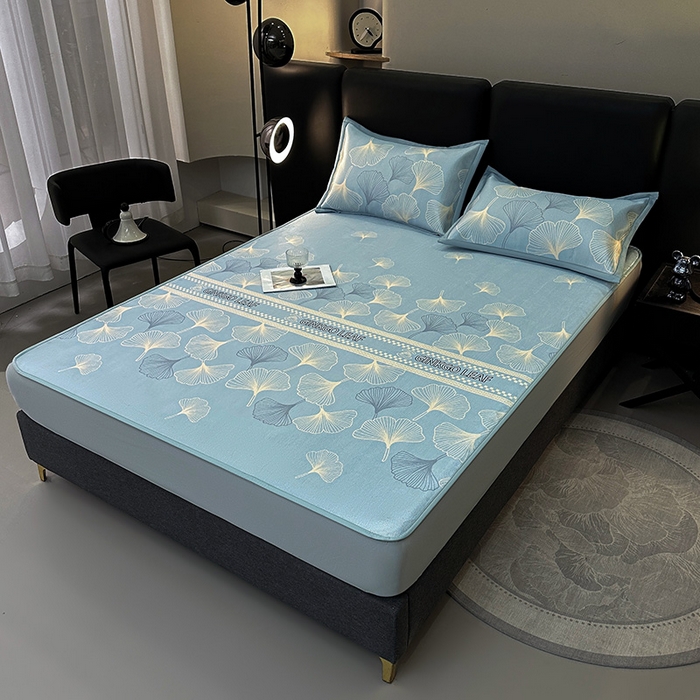 91家纺网 家纺一手货源 找家纺 全季家居 2025新款A类轻奢系列数码印花冰藤席凉席席子 杏叶语-天蓝 床笠