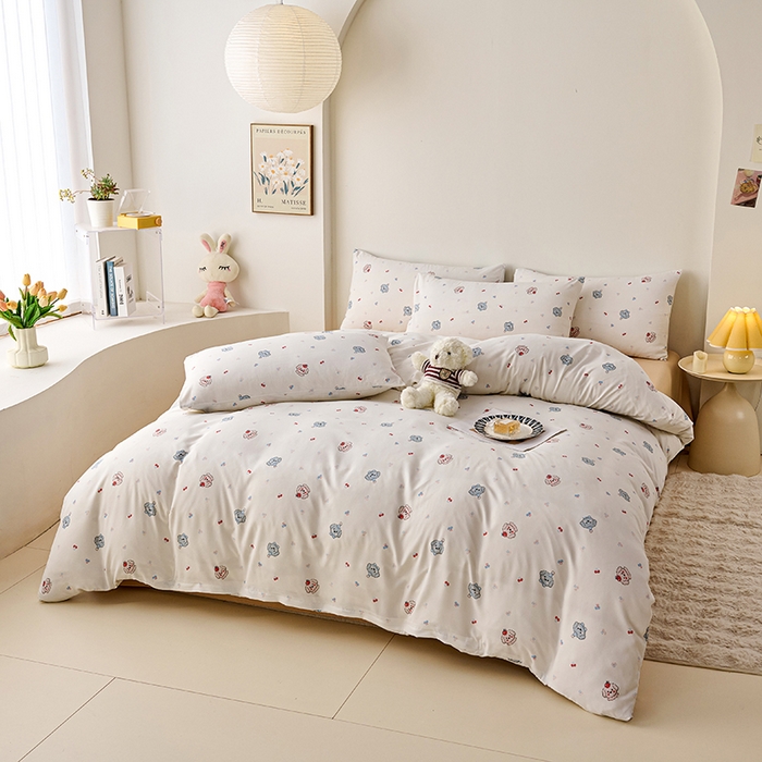 91家纺网 家纺一手货源 找家纺 爱诗诺家纺 2025新款有氧高克重针织棉双层纱四件套 萌趣