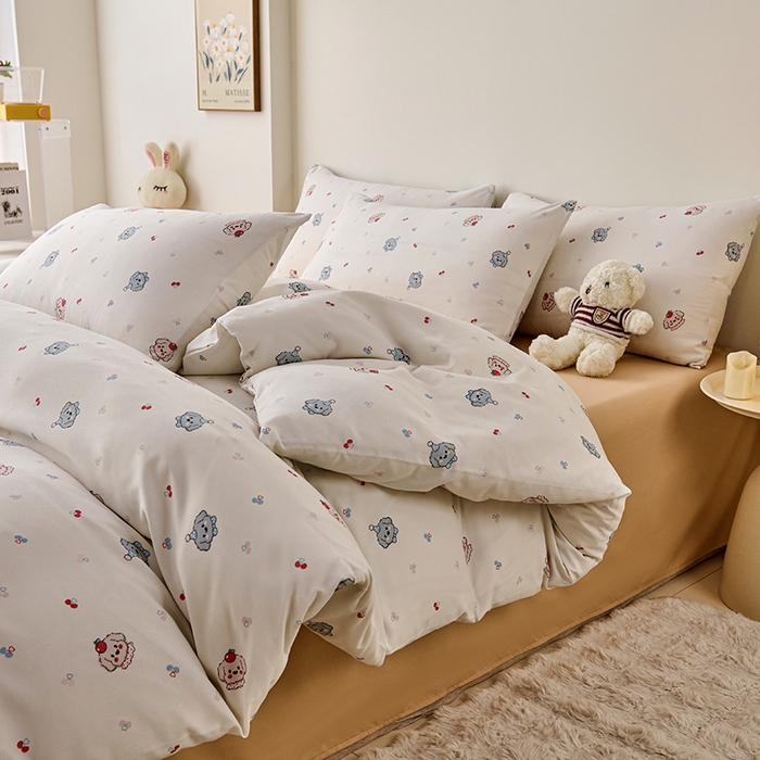 91家纺网 家纺一手货源 找家纺 爱诗诺家纺 2025新款有氧高克重针织棉双层纱四件套 萌趣