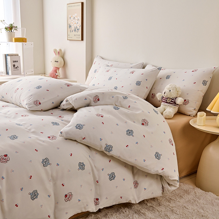 91家纺网 家纺一手货源 找家纺 爱诗诺家纺 2025新款有氧高克重针织棉双层纱四件套 萌趣