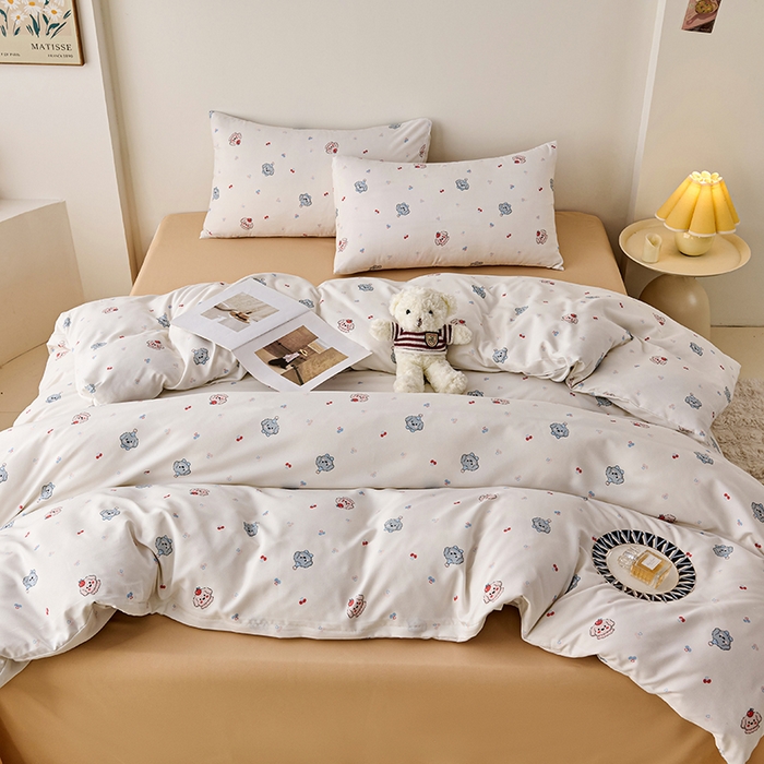 91家纺网 家纺一手货源 找家纺 爱诗诺家纺 2025新款有氧高克重针织棉双层纱四件套 萌趣