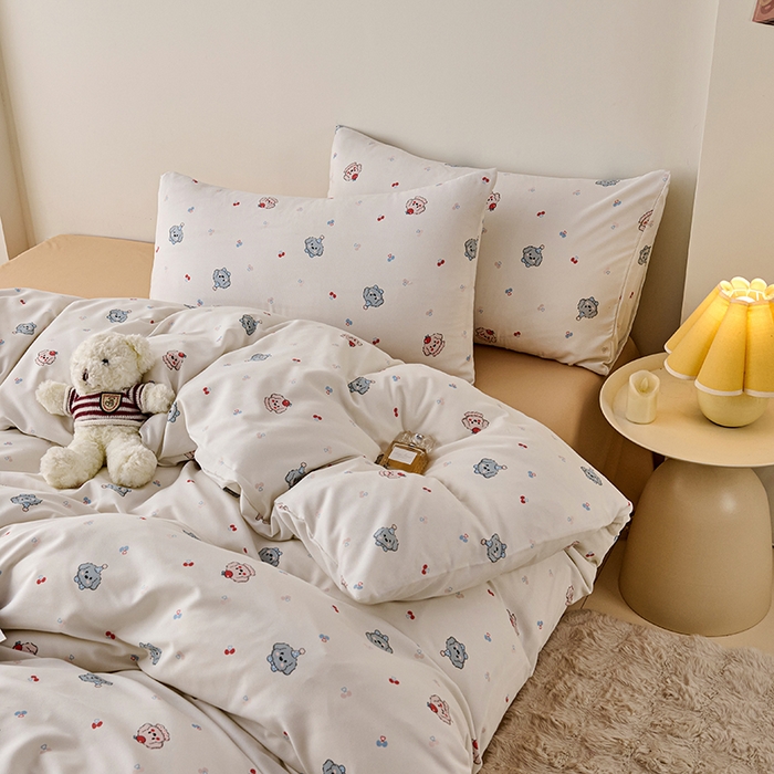 91家纺网 家纺一手货源 找家纺 爱诗诺家纺 2025新款有氧高克重针织棉双层纱四件套 萌趣