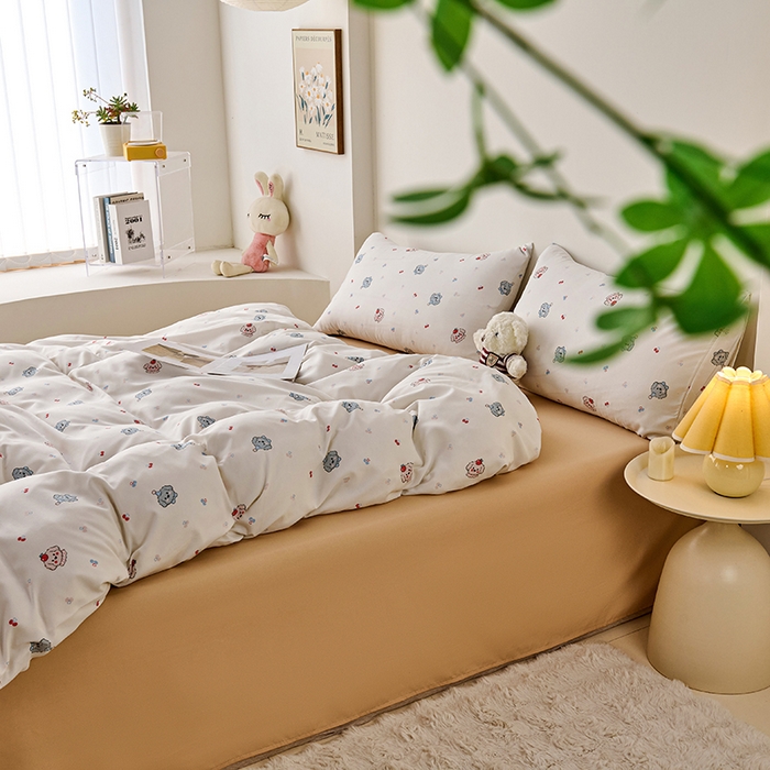 91家纺网 家纺一手货源 找家纺 爱诗诺家纺 2025新款有氧高克重针织棉双层纱四件套 萌趣