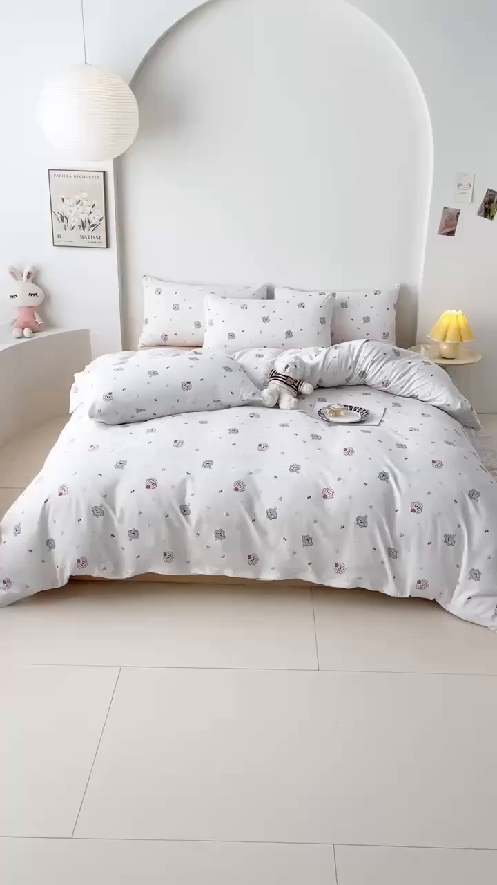 91家纺网 家纺一手货源 找家纺 爱诗诺家纺 2025新款有氧高克重针织棉双层纱四件套 萌趣