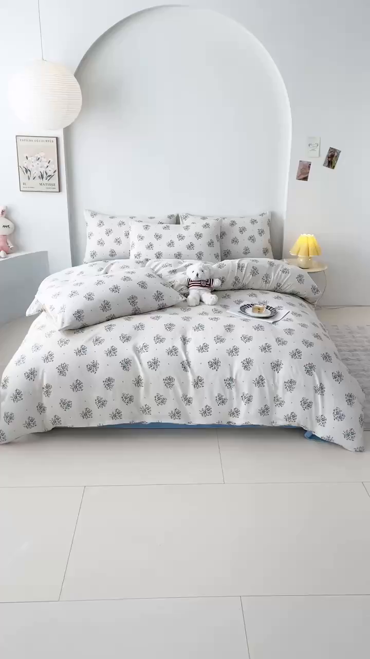 91家纺网 家纺一手货源 找家纺 爱诗诺家纺 2025新款有氧高克重针织棉双层纱四件套 清欢