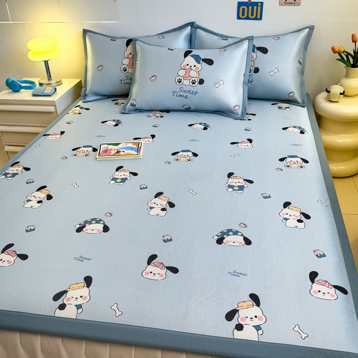 91家纺网 家纺一手货源 找家纺 全季家居 2025新款A类小清新数码印花冰藤席凉席席子 调皮小狗 床席