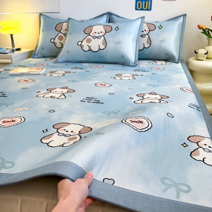 91家纺网 家纺一手货源 找家纺 全季家居 2025新款A类小清新数码印花冰藤席凉席席子 微笑小狗 床席