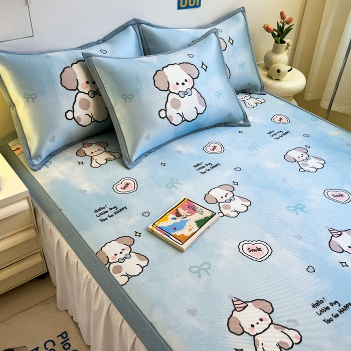 91家纺网 家纺一手货源 找家纺 全季家居 2025新款A类小清新数码印花冰藤席凉席席子 微笑小狗 床席