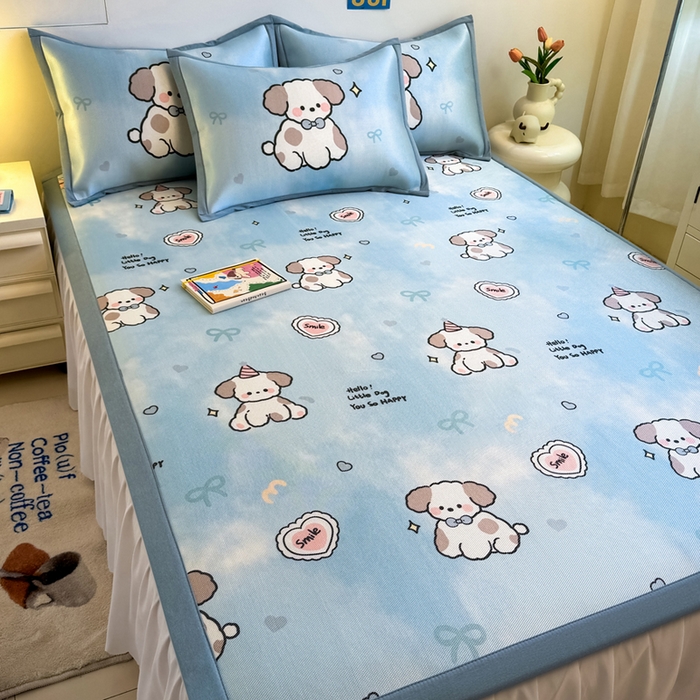 91家纺网 家纺一手货源 找家纺 全季家居 2025新款A类小清新数码印花冰藤席凉席席子 微笑小狗 床席