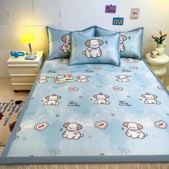 91家纺网 家纺一手货源 找家纺 全季家居 2025新款A类小清新数码印花冰藤席凉席席子 微笑小狗 床席