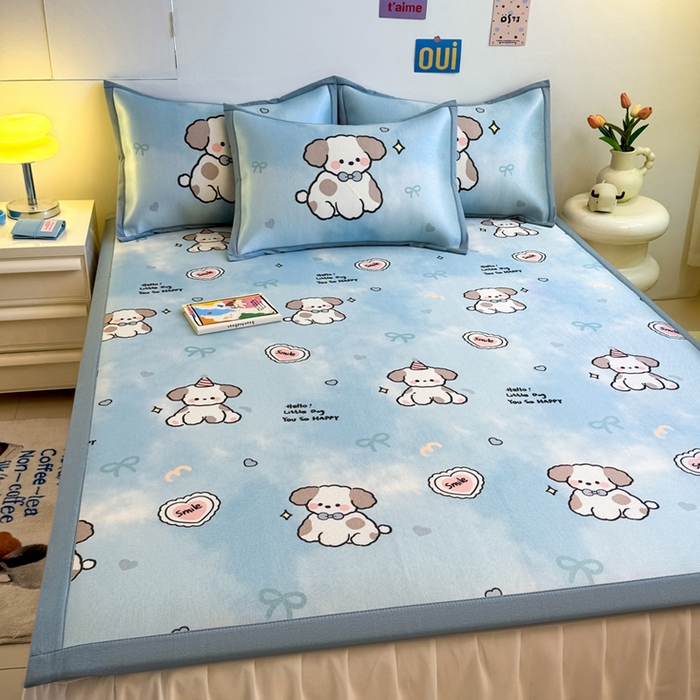 91家纺网 家纺一手货源 找家纺 全季家居 2025新款A类小清新数码印花冰藤席凉席席子 微笑小狗 床席