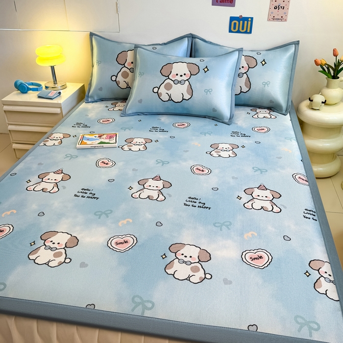 91家纺网 家纺一手货源 找家纺 全季家居 2025新款A类小清新数码印花冰藤席凉席席子 微笑小狗 床席