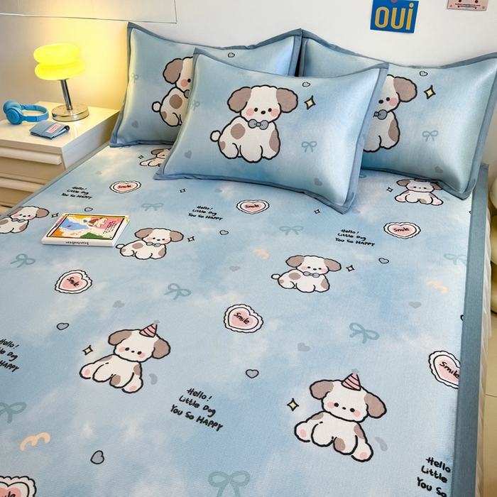 91家纺网 家纺一手货源 找家纺 全季家居 2025新款A类小清新数码印花冰藤席凉席席子 微笑小狗 床席