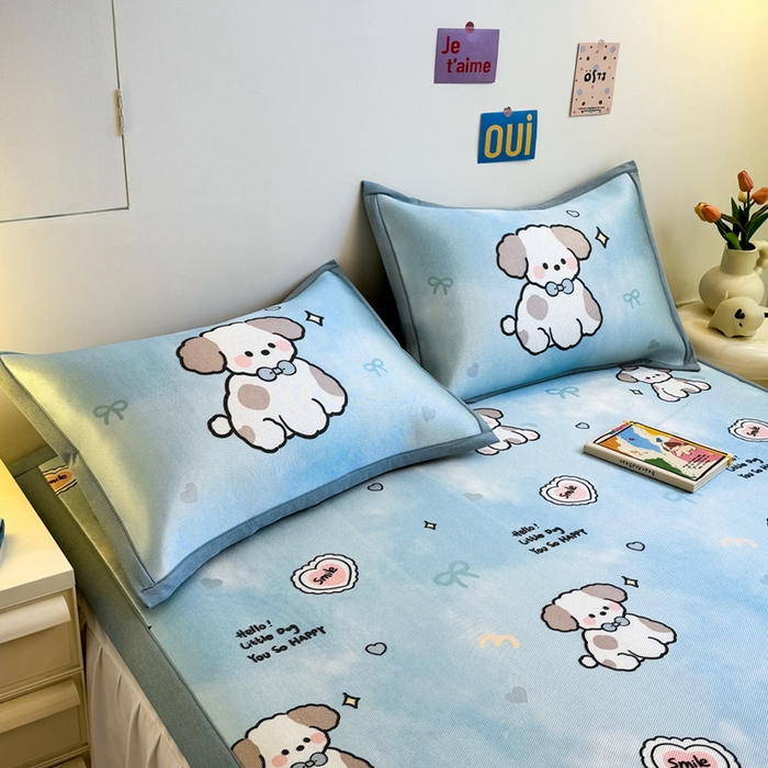 91家纺网 家纺一手货源 找家纺 全季家居 2025新款A类小清新数码印花冰藤席凉席席子 微笑小狗 床席