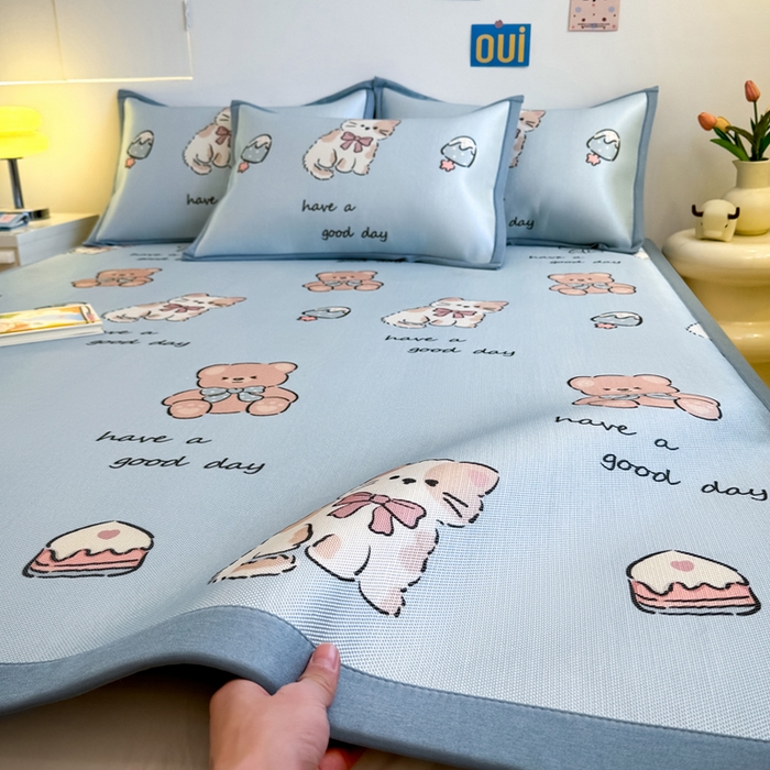 91家纺网 家纺一手货源 找家纺 全季家居 2025新款A类小清新数码印花冰藤席凉席席子 雪糕猫咪 床席