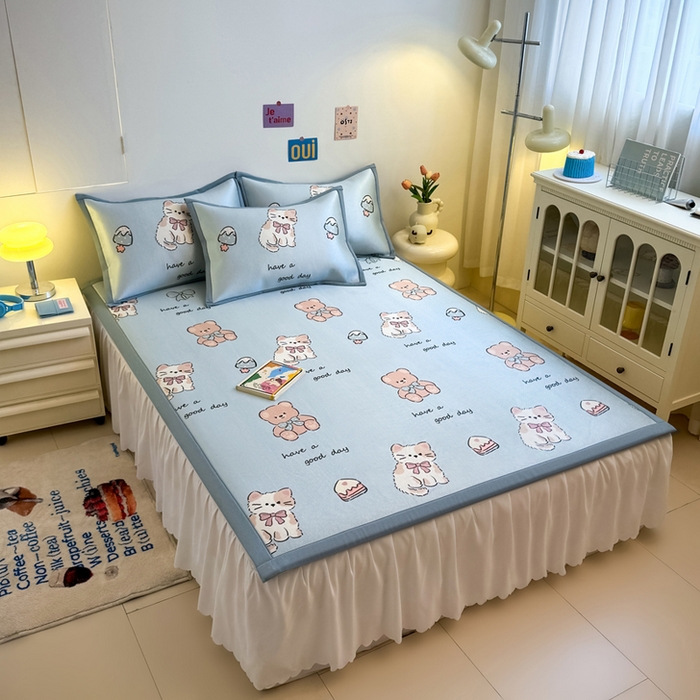 91家纺网 家纺一手货源 找家纺 全季家居 2025新款A类小清新数码印花冰藤席凉席席子 雪糕猫咪 床席