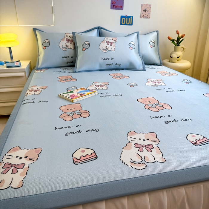 91家纺网 家纺一手货源 找家纺 全季家居 2025新款A类小清新数码印花冰藤席凉席席子 雪糕猫咪 床席