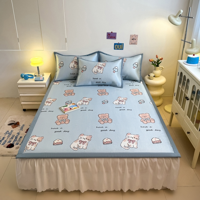 91家纺网 家纺一手货源 找家纺 全季家居 2025新款A类小清新数码印花冰藤席凉席席子 雪糕猫咪 床席