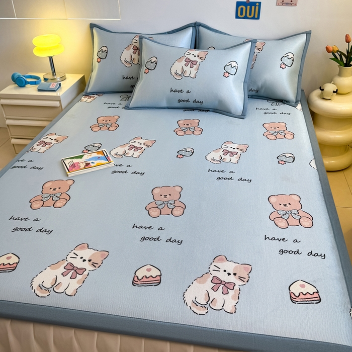 91家纺网 家纺一手货源 找家纺 全季家居 2025新款A类小清新数码印花冰藤席凉席席子 雪糕猫咪 床席