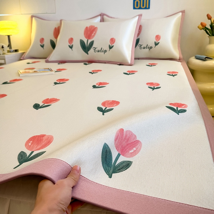 91家纺网 家纺一手货源 找家纺 全季家居 2025新款A类小清新数码印花冰藤席凉席席子 郁金香 床席