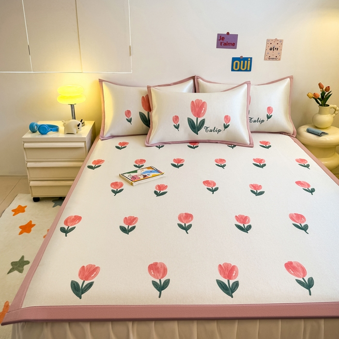 91家纺网 家纺一手货源 找家纺 全季家居 2025新款A类小清新数码印花冰藤席凉席席子 郁金香 床席